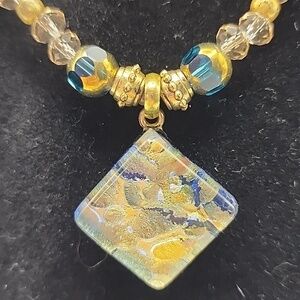 Elegant Gold and Blue Beaded Necklace - Murano Glass‎